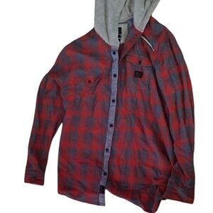 Quiksilver Mens Medium Surf Shop Red and Gray Plaid Flannel Button Down Hoodie